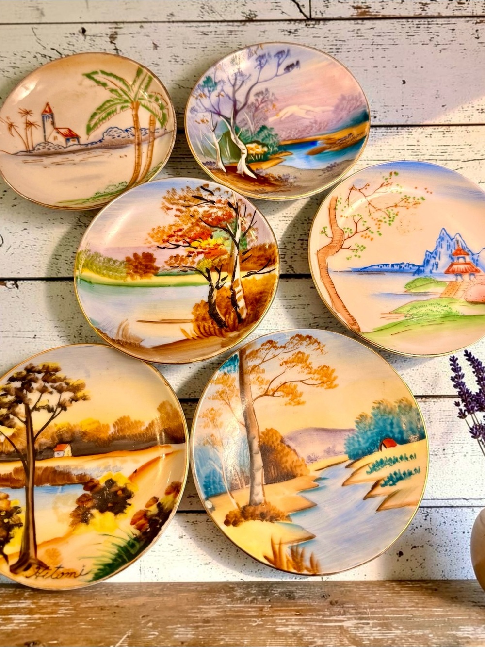6 Vintage 4” Hand Painted Ready to Hang Japan Landscape Scene Mini Plates